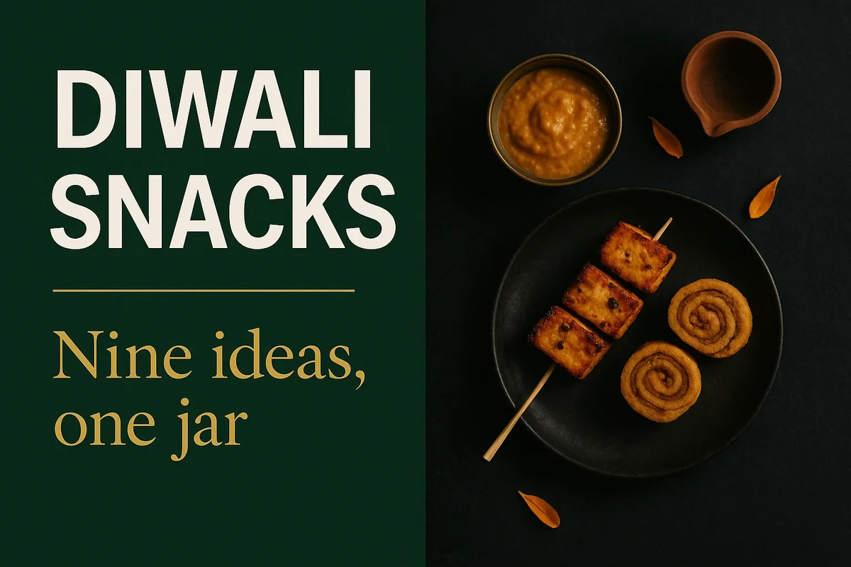 9 Quick Diwali Party Snacks - magazine-style cover with Indian party snacks, marigold and a diya beside ghee-based spreads
