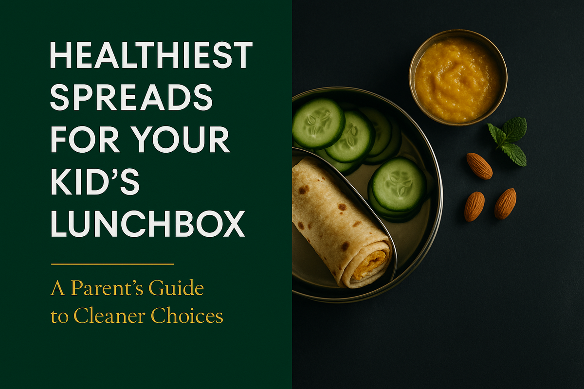 Magazine-style cover for 9 healthy spreads for kids lunchboxes in India, showing open steel tiffin box with roti roll and golden ghee-based spread