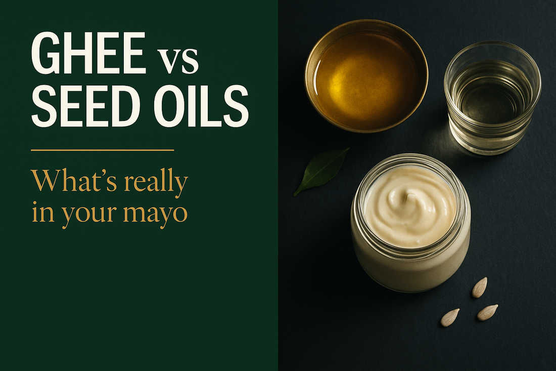 Ghee vs. Seed Oils in Mayo: What's Really in the Base -- premium magazine-style cover with golden ghee, refined seed oil, and a jar of mayo