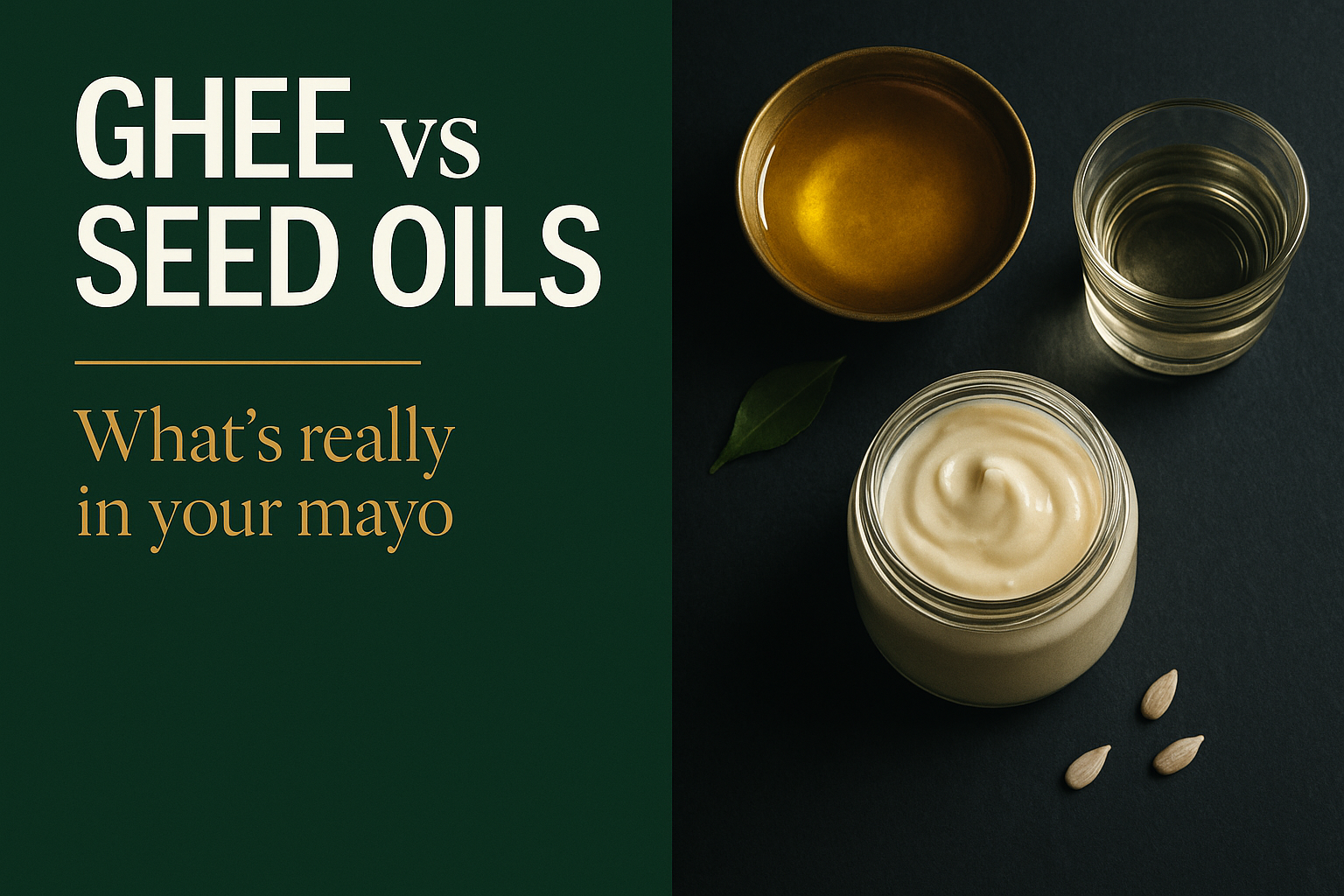 Ghee vs. Seed Oils in Mayo: What's Really in the Base -- premium magazine-style cover with golden ghee, refined seed oil, and a jar of mayo
