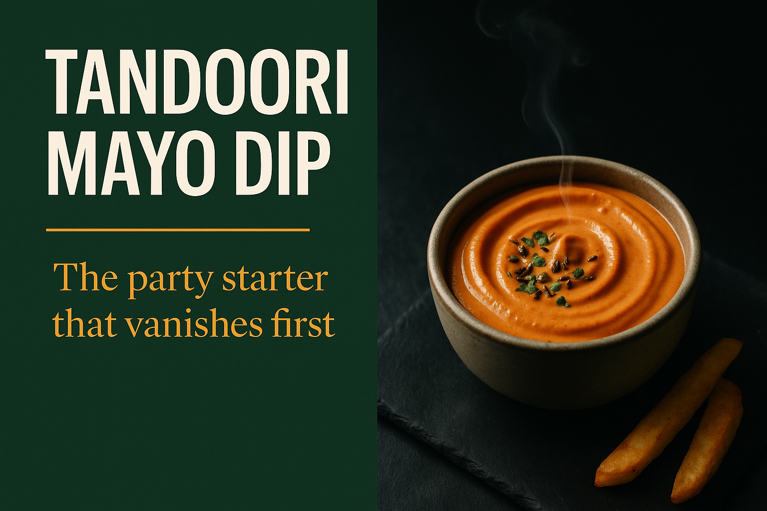 Magazine-style cover reading Tandoori Mayo Dip, The party starter that vanishes first, with a steaming bowl of creamy tandoori-orange dip and fries on a dark slate surface.
