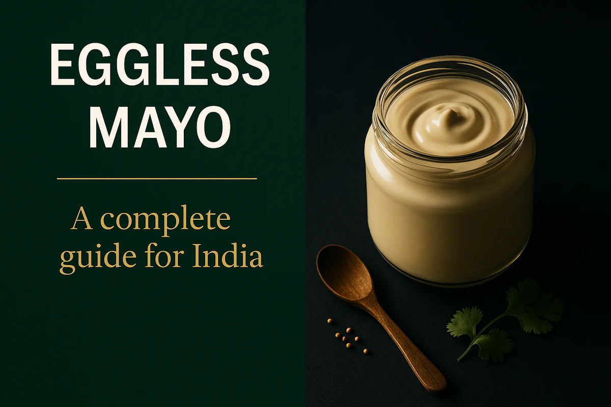 Magazine-style cover for a guide to eggless mayonnaise in India showing an open jar of creamy egg-free mayo on a dark slate surface